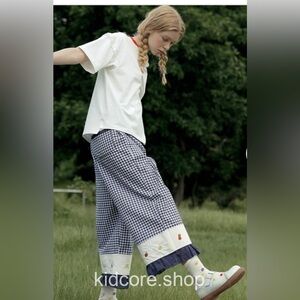 Kidcore Plaid Cartoon Embroidery Patchwork Mori Girl Wide Leg Pants